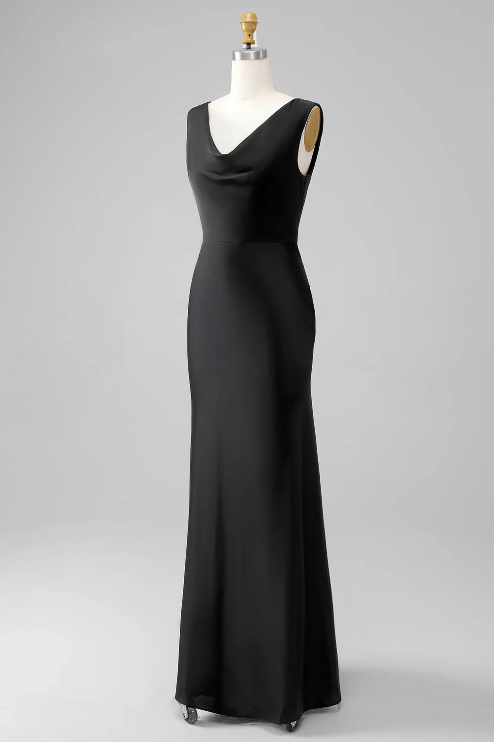 A tight fitting V-neck sleeveless and satin bridesmaid dress with full charm