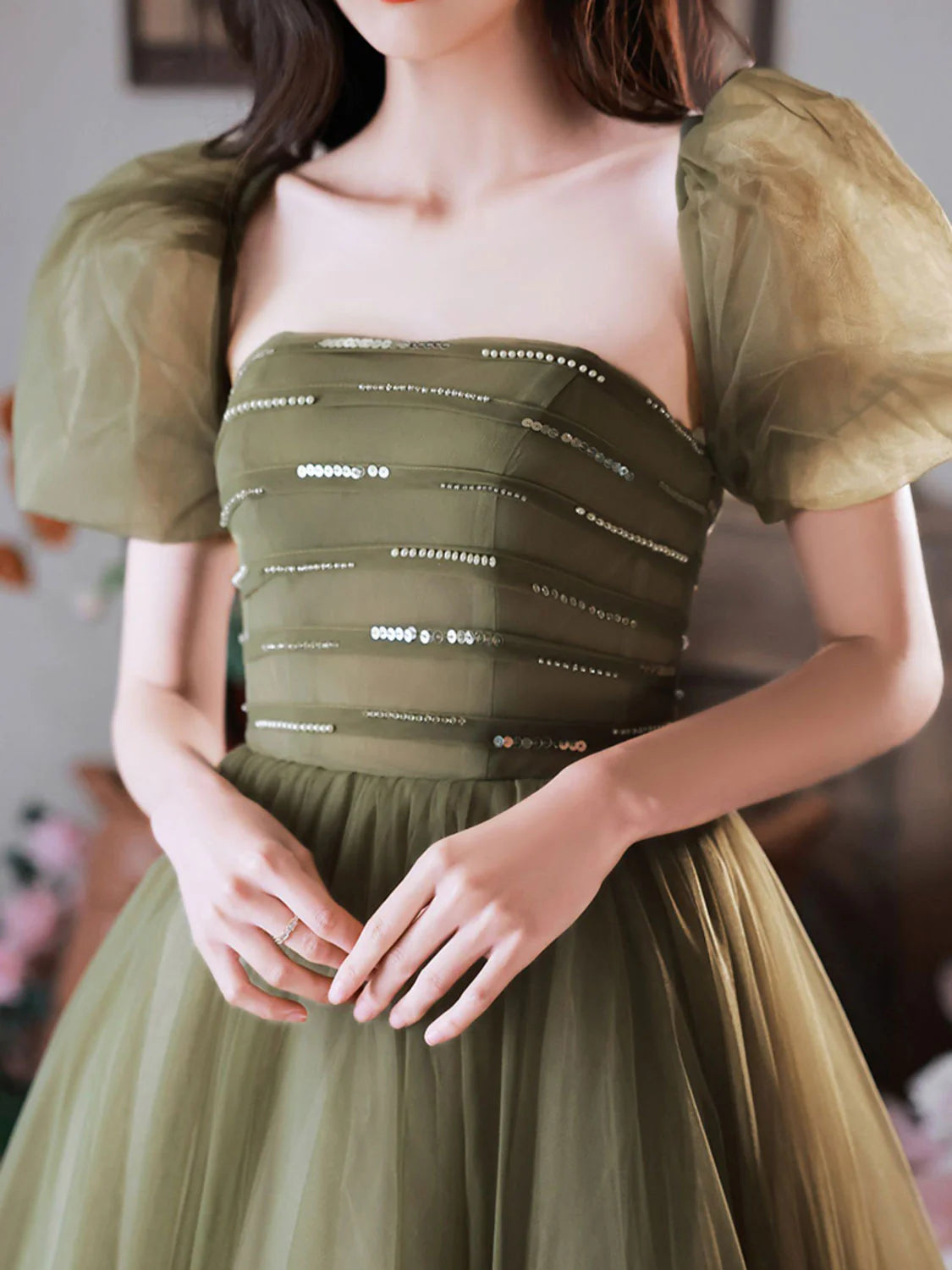 A-Line Green Sequin Tulle Long Prom Dress Green Formal Prom Dress