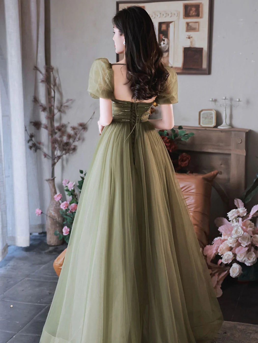 A-Line Green Sequin Tulle Long Prom Dress Green Formal Prom Dress