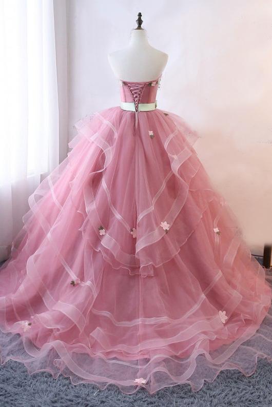 Elegant pink sheer long ball dress without shoulder straps and straps