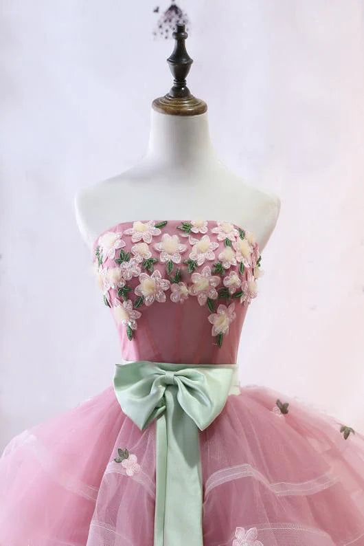 Elegant pink sheer long ball dress without shoulder straps and straps