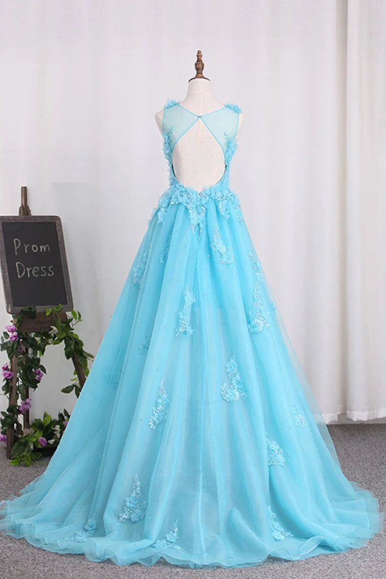 Elegant ball dress with chiffon embellishments on the hem of the skirt