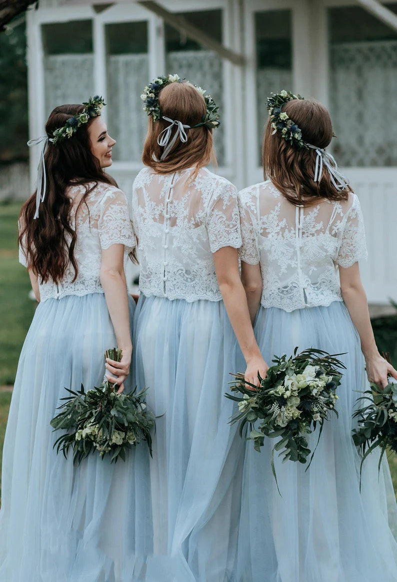 Beautiful and simple two-piece chiffon and lace long bridesmaid dress