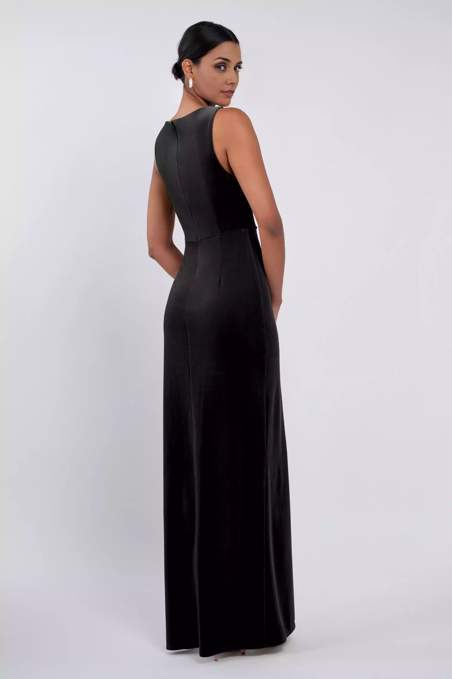 Beautiful velvet, elegant drape, fashionable high neck, mid waist, pleated tight corset, back mid zip Bridesmaid Dresses