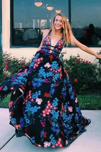 Beautiful floral and elegant black embroidered V-neck dance dress