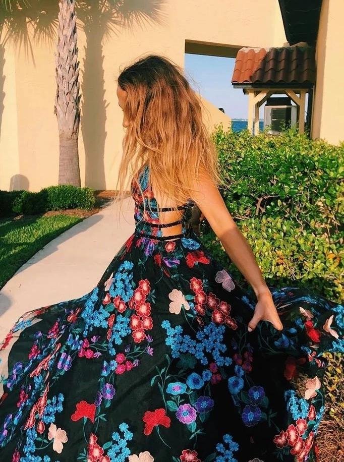 Beautiful floral and elegant black embroidered V-neck dance dress