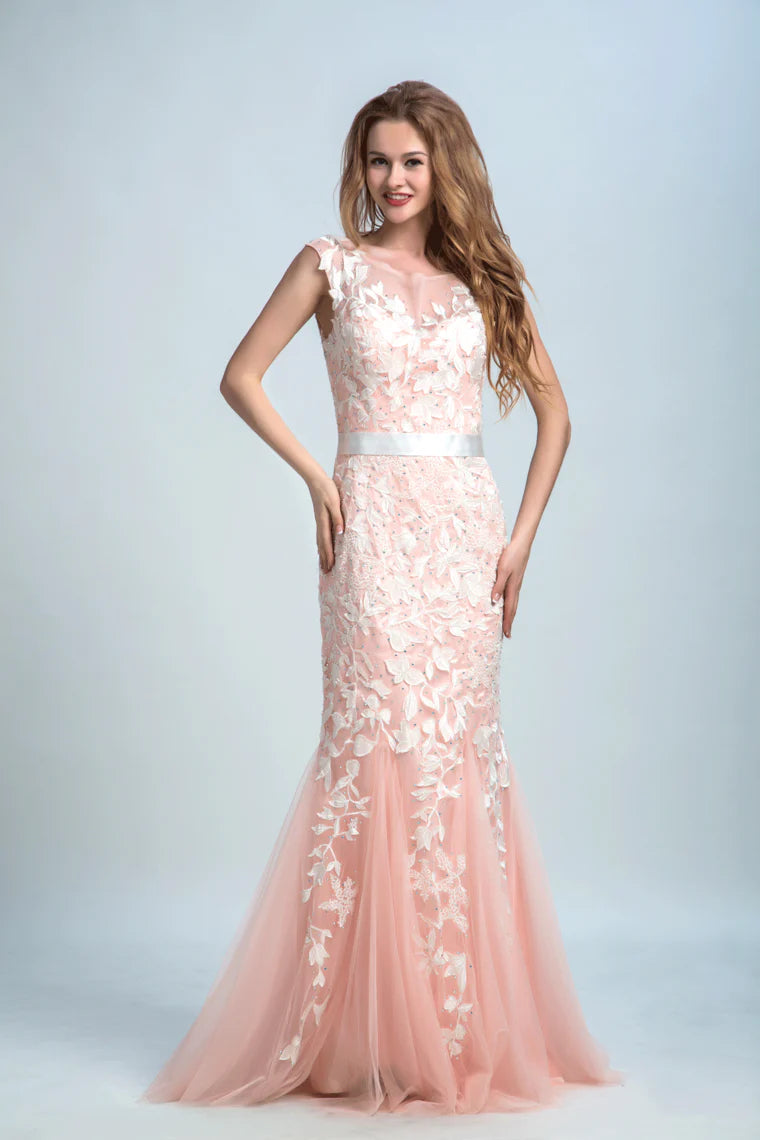 Two tone formal small mermaid low back broomstick brushed sheer with ivory stickers