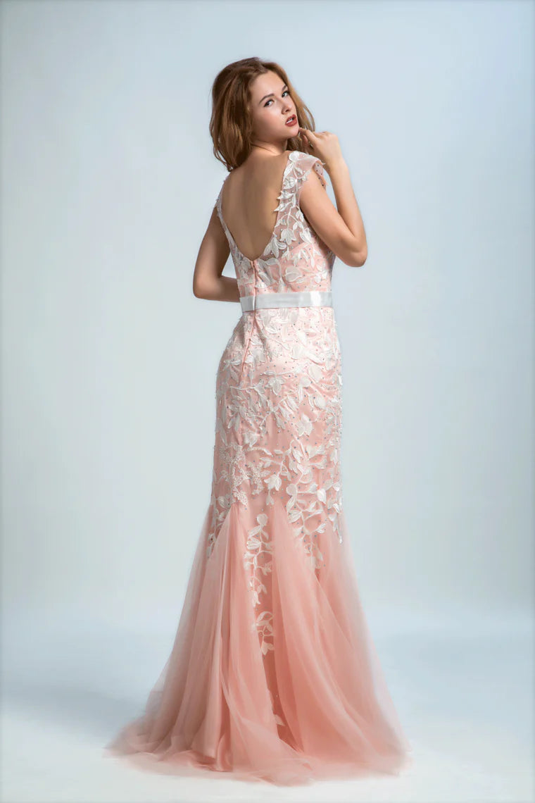 Two tone formal small mermaid low back broomstick brushed sheer with ivory stickers