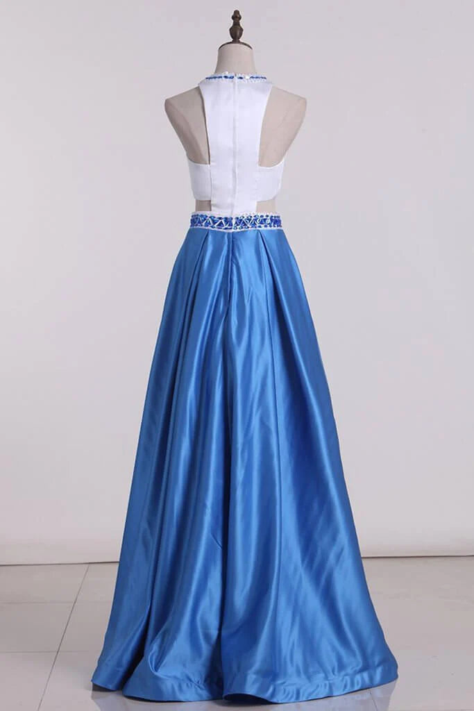 Two tone hollowed out A-line banquet dress with satin and beaded sweeping skirt