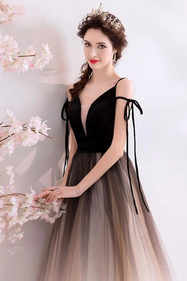 High end black deep V-neck sleeveless floor sweeping sheer ball dress
