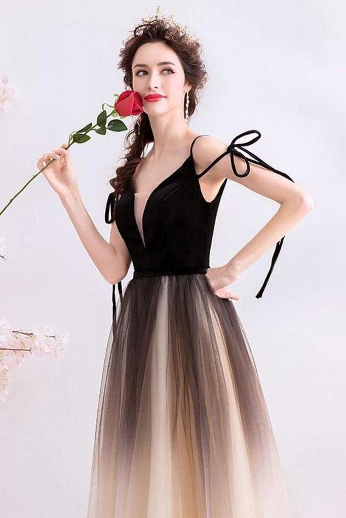 High end black deep V-neck sleeveless floor sweeping sheer ball dress