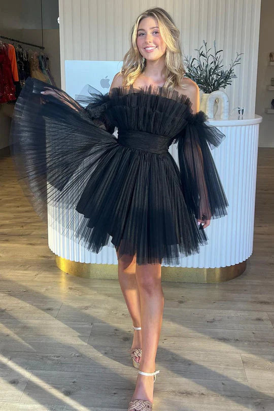 Black detachable long sleeved sheer ruffle edge short back to school party dress