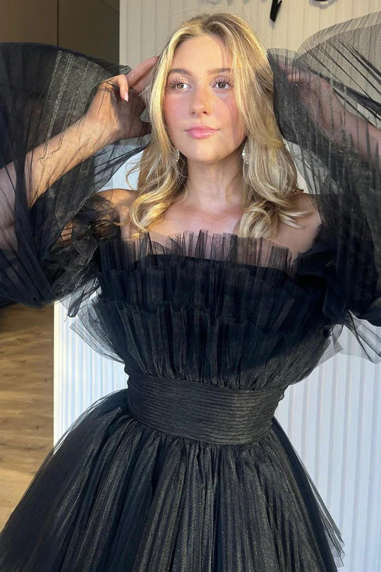 Black detachable long sleeved sheer ruffle edge short back to school party dress