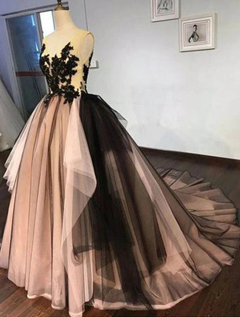 Black lace up V-neck A-line sheer formal ball dress long lace up ball dress