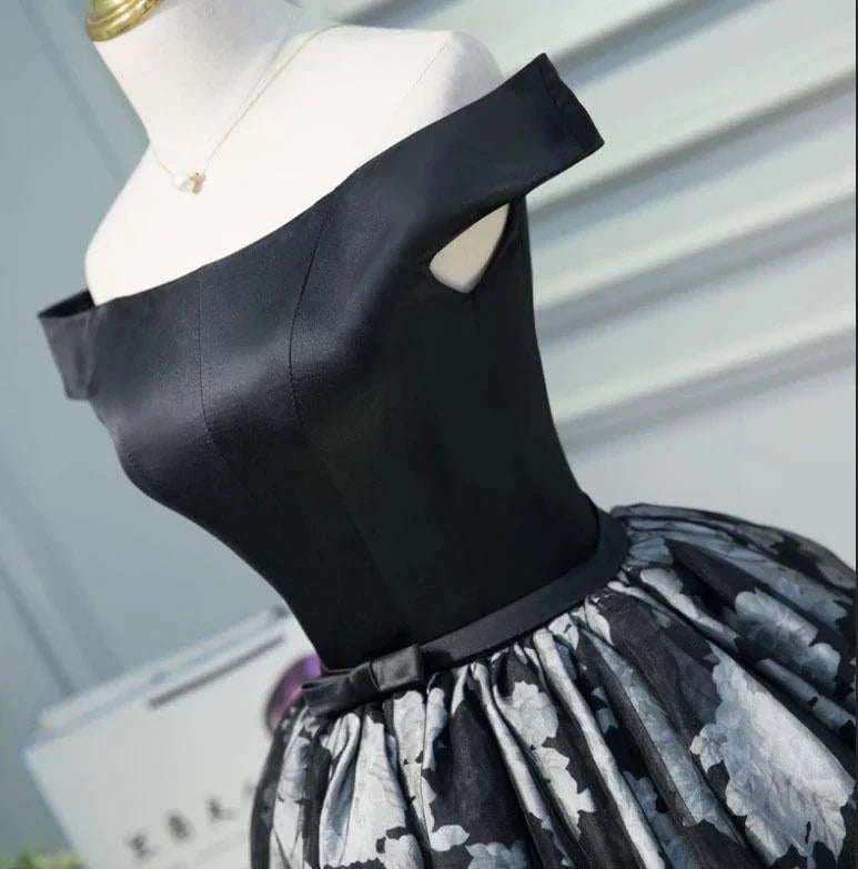 Black Satin Off Shoulder Cute Back to School Dress Short Cocktail