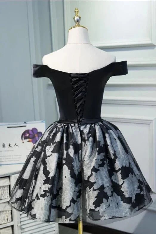 Black Satin Off Shoulder Cute Back to School Dress Short Cocktail