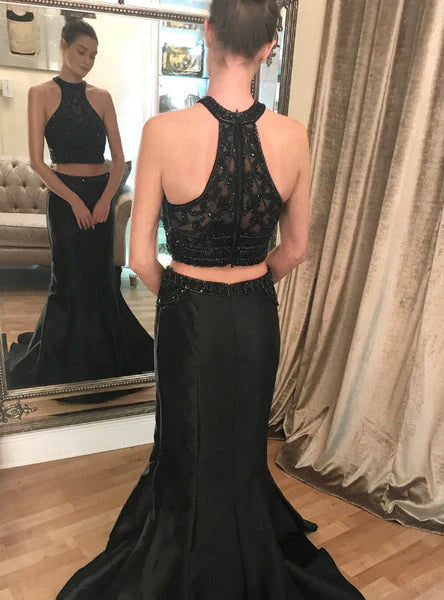 High class black slim two-piece mermaid high neck powder blusher beaded prom dress