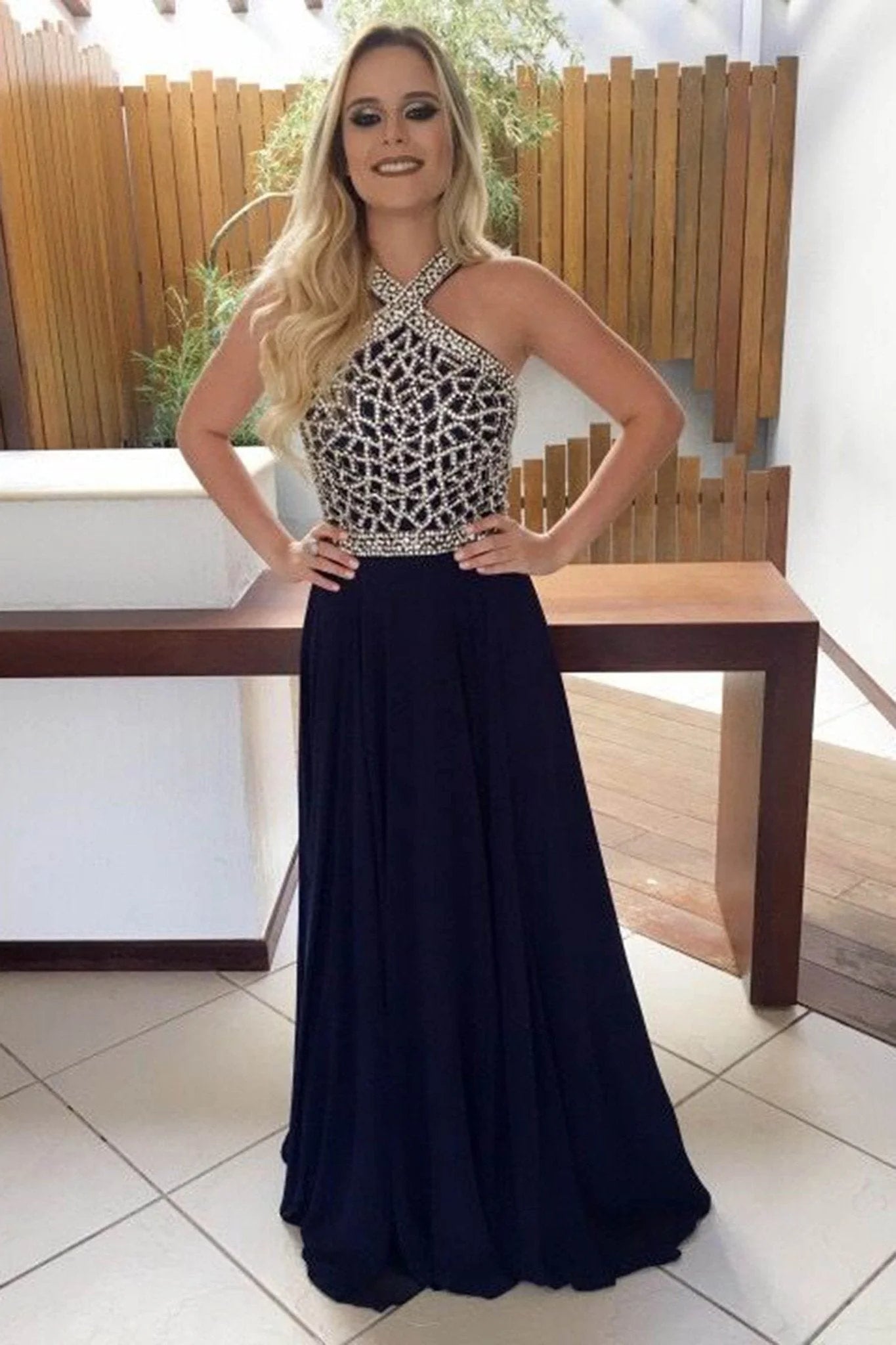 Black elegant chiffon sequin beaded halter gown