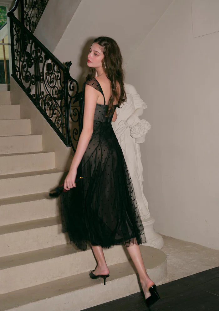 Black Polka Dot Tulle Midi Dresses with Off Shoulder Lace Trim Corset Bodice Invisible Back Zipper and Flared Skirt