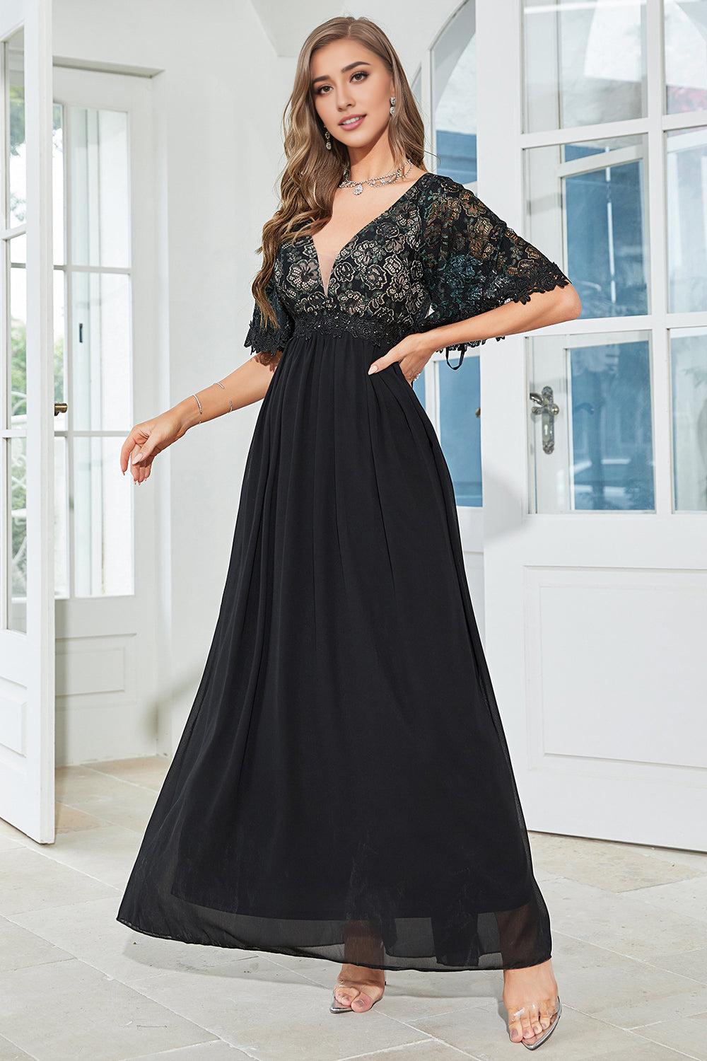 Black A Line V Neck Floor Length Chiffon Embroidered Mother of the Bride Dress