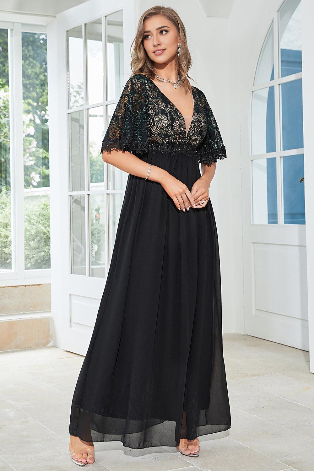 Black A Line V Neck Floor Length Chiffon Embroidered Mother of the Bride Dress