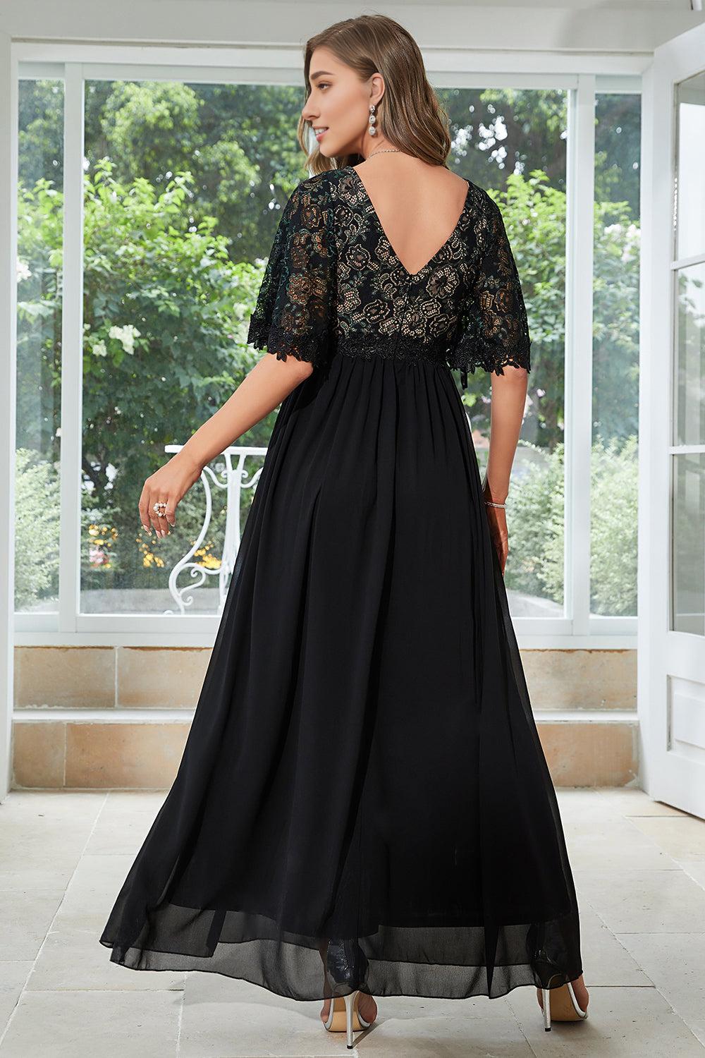 Black A Line V Neck Floor Length Chiffon Embroidered Mother of the Bride Dress