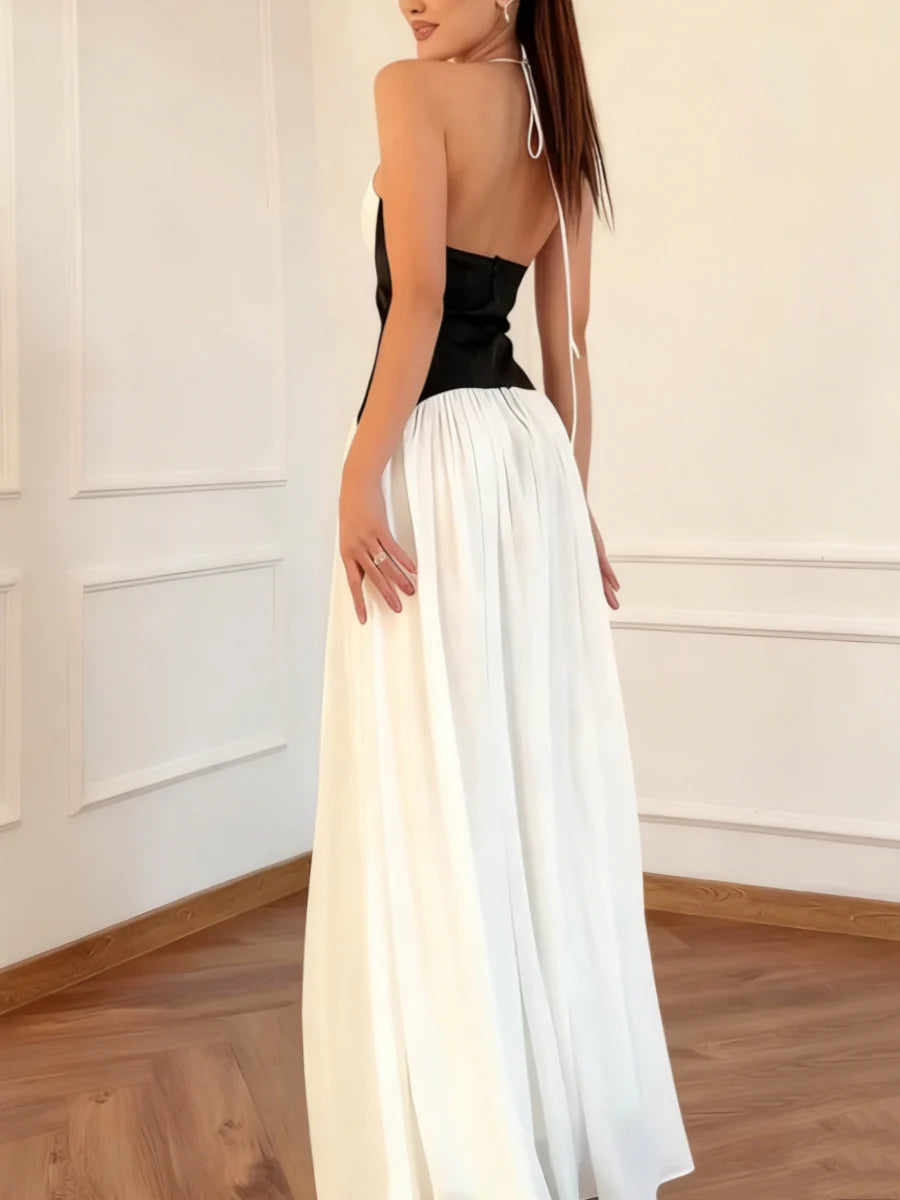 Black & White Halter Prom Dress with Plunging V-Neck, Color-Blocked Bodice & Pleated Chiffon Skirt