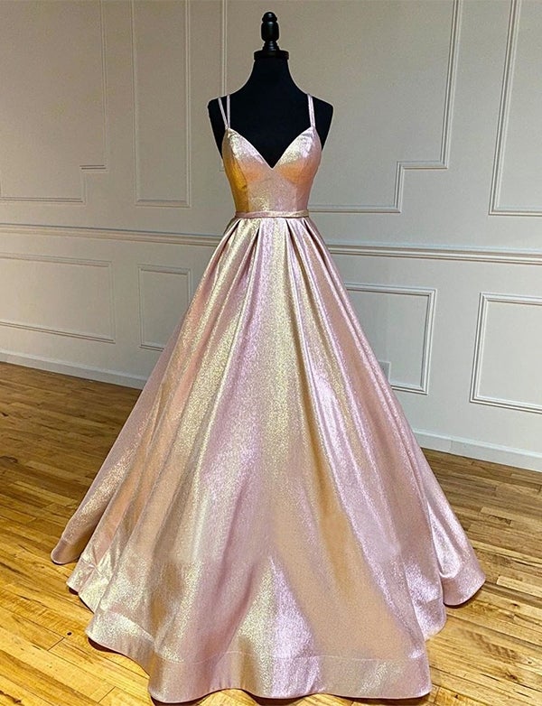 Blue elegant and beautiful A-line V-neck suspender ball dress satin evening dress