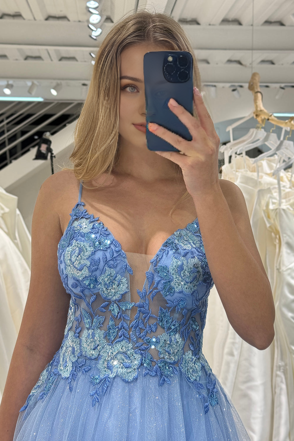 A Line Tulle Spaghetti Straps Long Prom Dress With