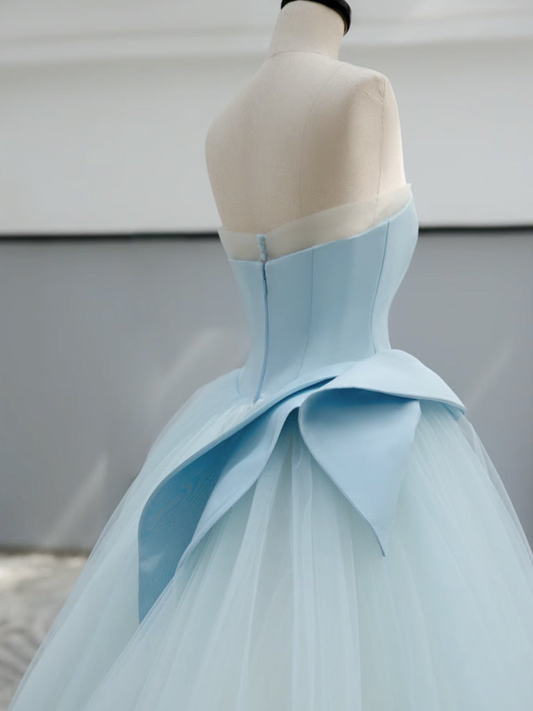 A-Line Satin Tulle Blue Long Prom Dress Blue Long Prom Dress