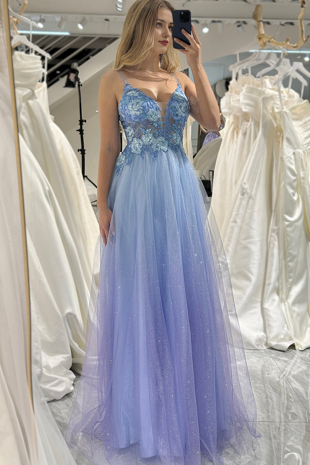 A Line Tulle Spaghetti Straps Long Prom Dress With