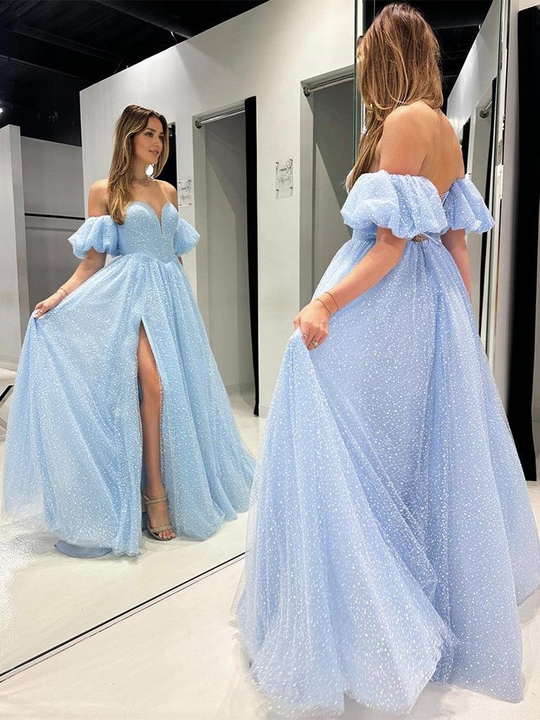 A-Line Sweetheart Neck Tulle Long Prom Dress Blue Long Prom Dress