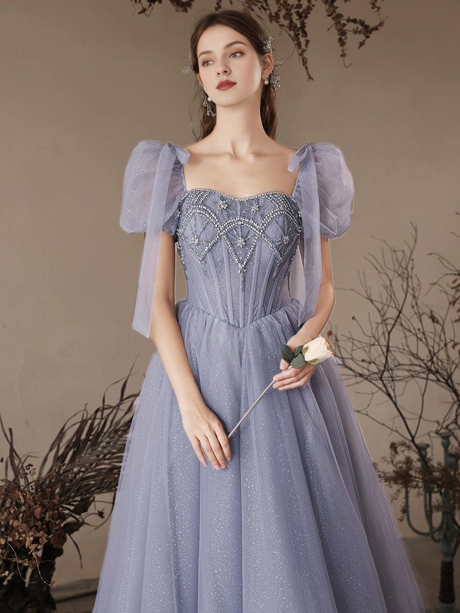A-Line Sweetheart Neck Tulle Beads Blue Long Prom Dress Blue Long Prom Dress