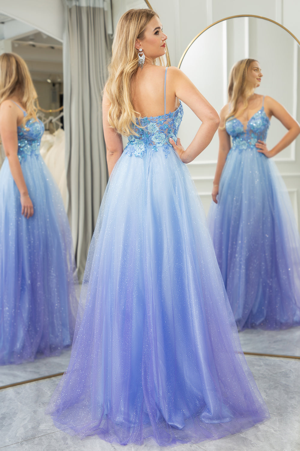 A Line Tulle Spaghetti Straps Long Prom Dress With