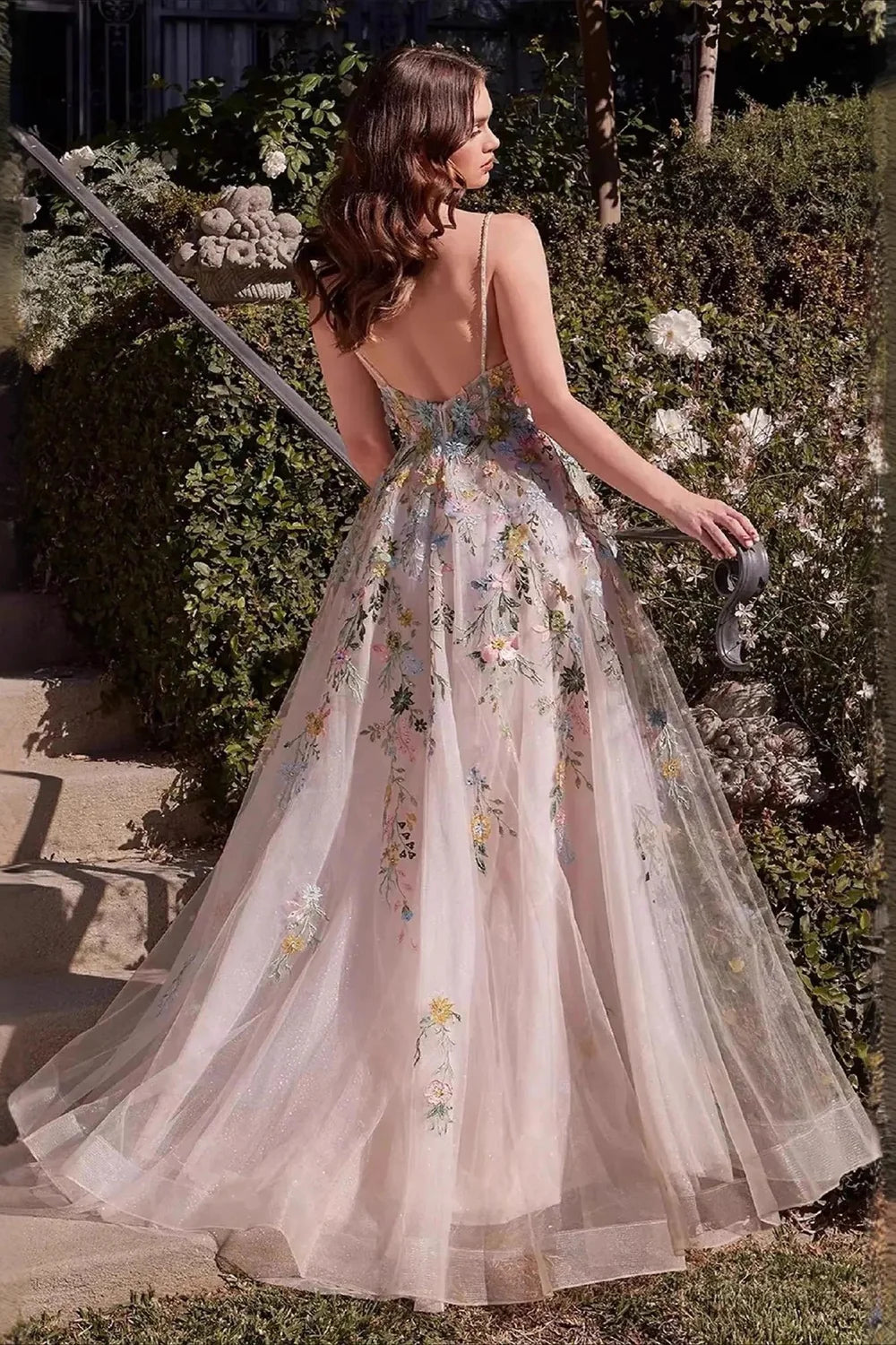 Blush Pink Floral Embroidered Tulle Evening Dress Spaghetti Strap with Front Slit and Floor-Length Skirt