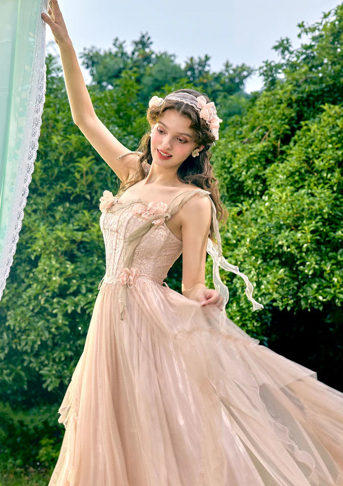 Blush Tulle Maxi Dresses with Lace Corset Bodice 3D Floral Accents Flowing Ribbon Straps and Ruffled Hem