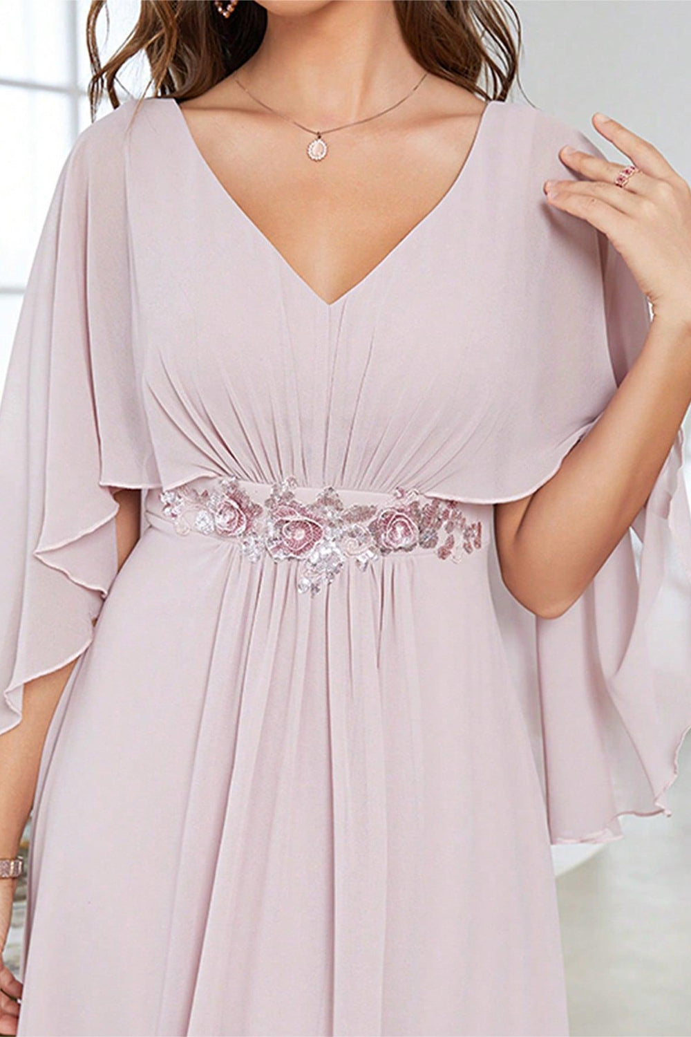 A Line Chiffon Long Wedding Mother of the Bride Dresses With Short Sleeves