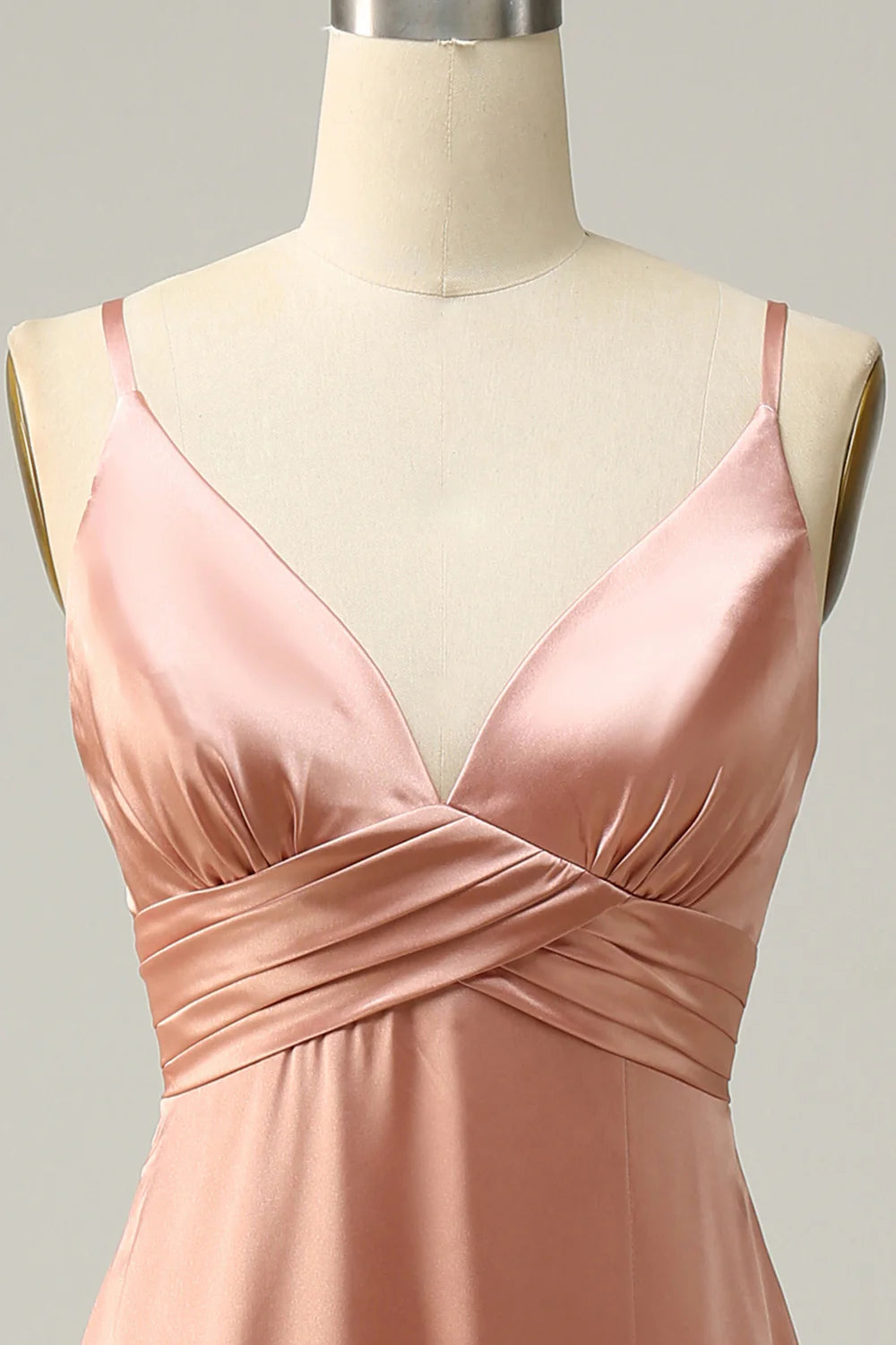 A Line Spaghetti Straps Pleated Long Satin Bridesmaid Dress