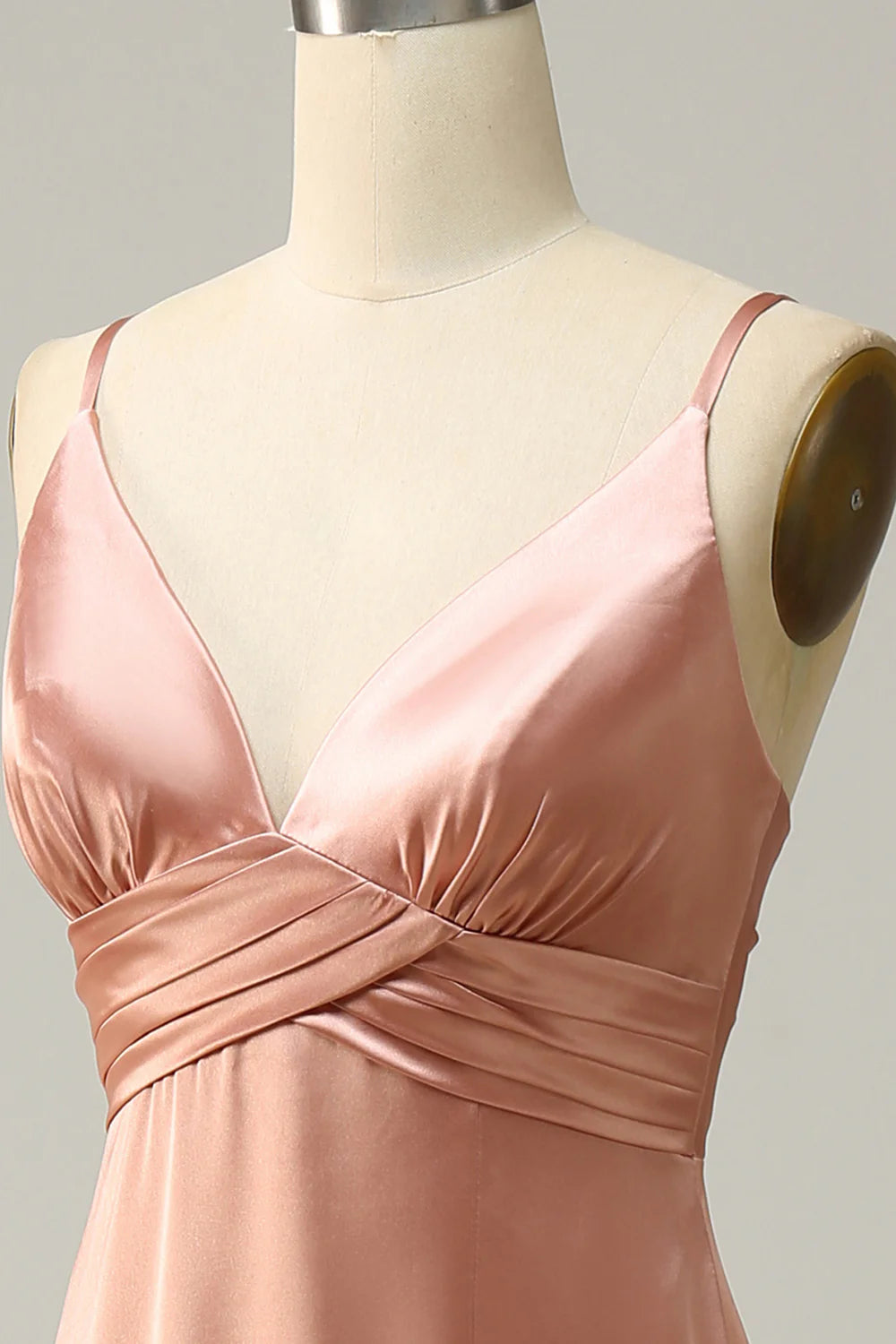 A Line Spaghetti Straps Pleated Long Satin Bridesmaid Dress