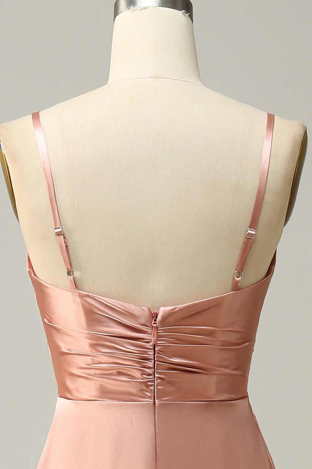 A Line Spaghetti Straps Pleated Long Satin Bridesmaid Dress