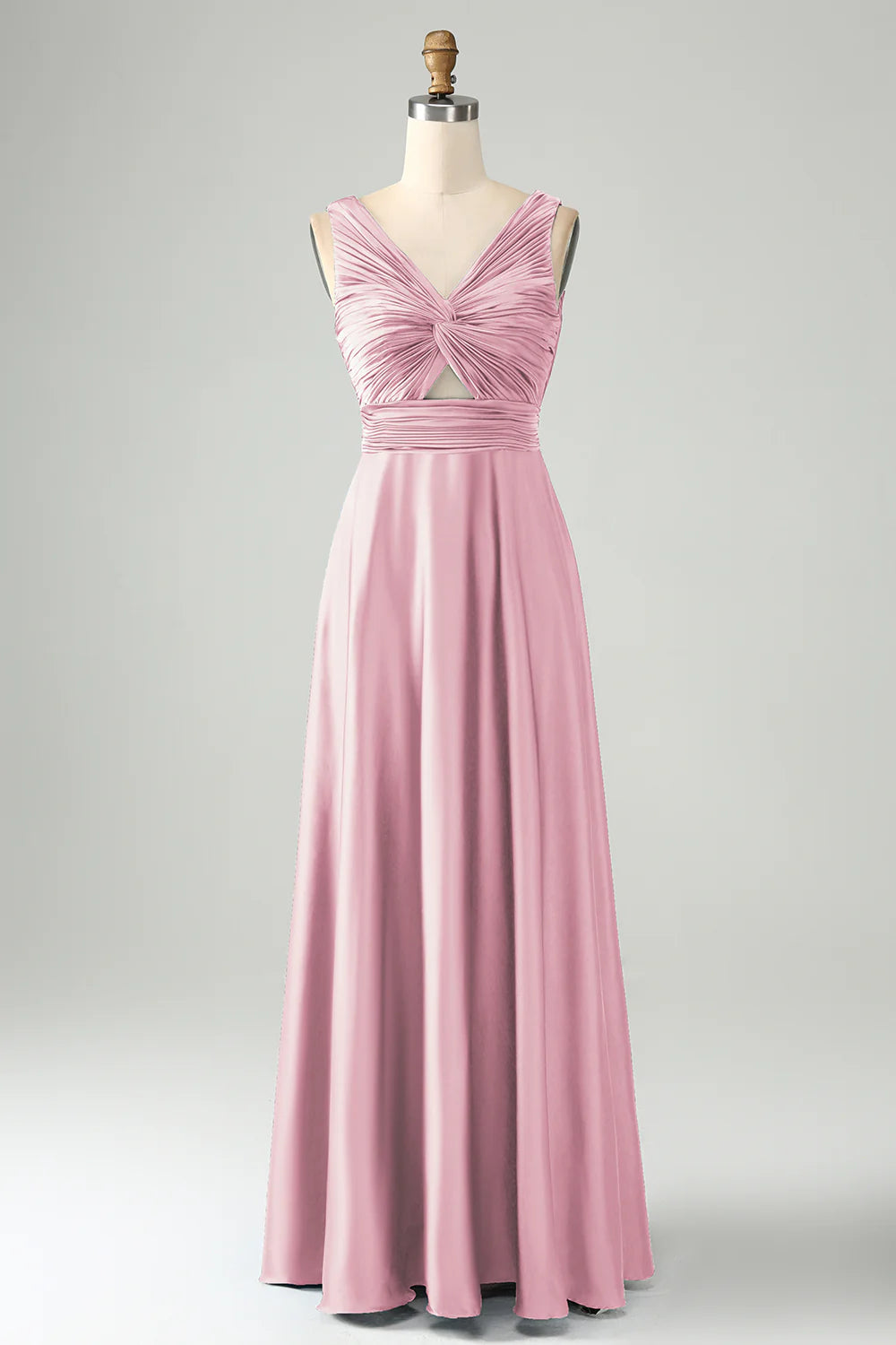 A Line V Neck Cut Out Pleated Satin Long Bridesmaid Dress