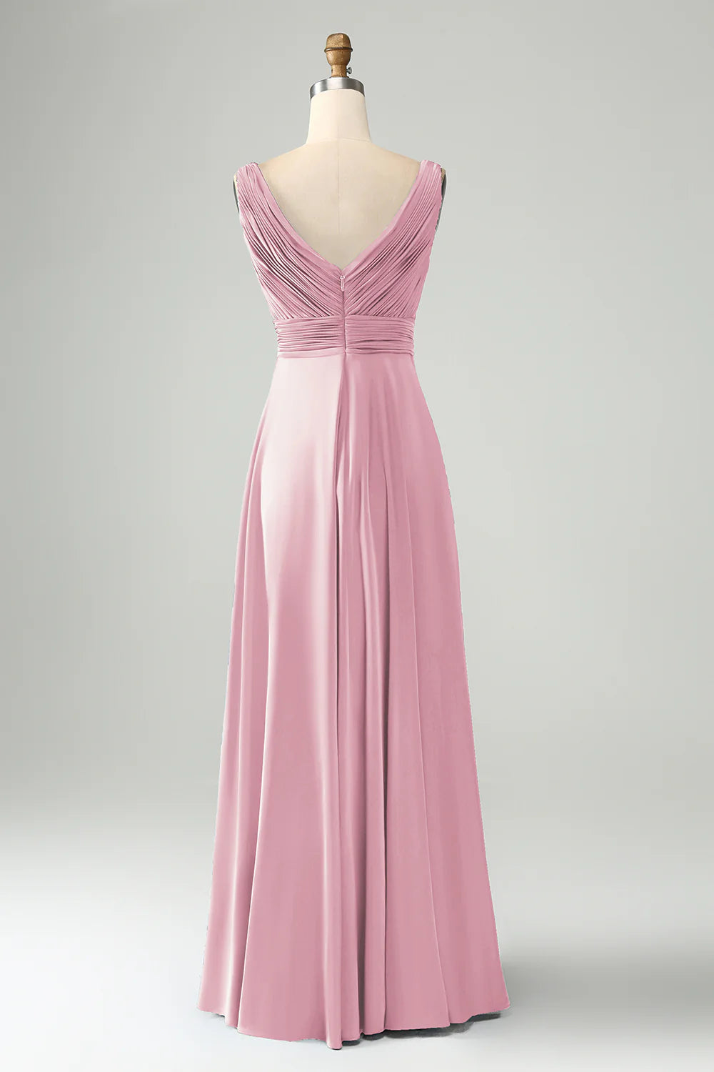 A Line V Neck Cut Out Pleated Satin Long Bridesmaid Dress