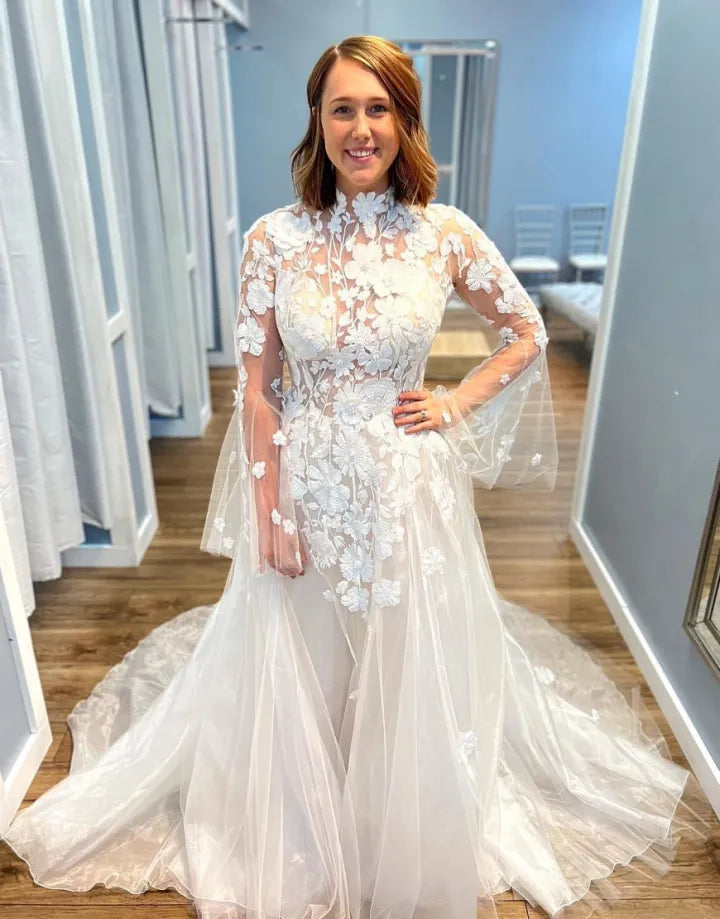 Bohemian Elegant and Sweet A-line High necked Palace Dress with Thin Gauze Wedding Dress