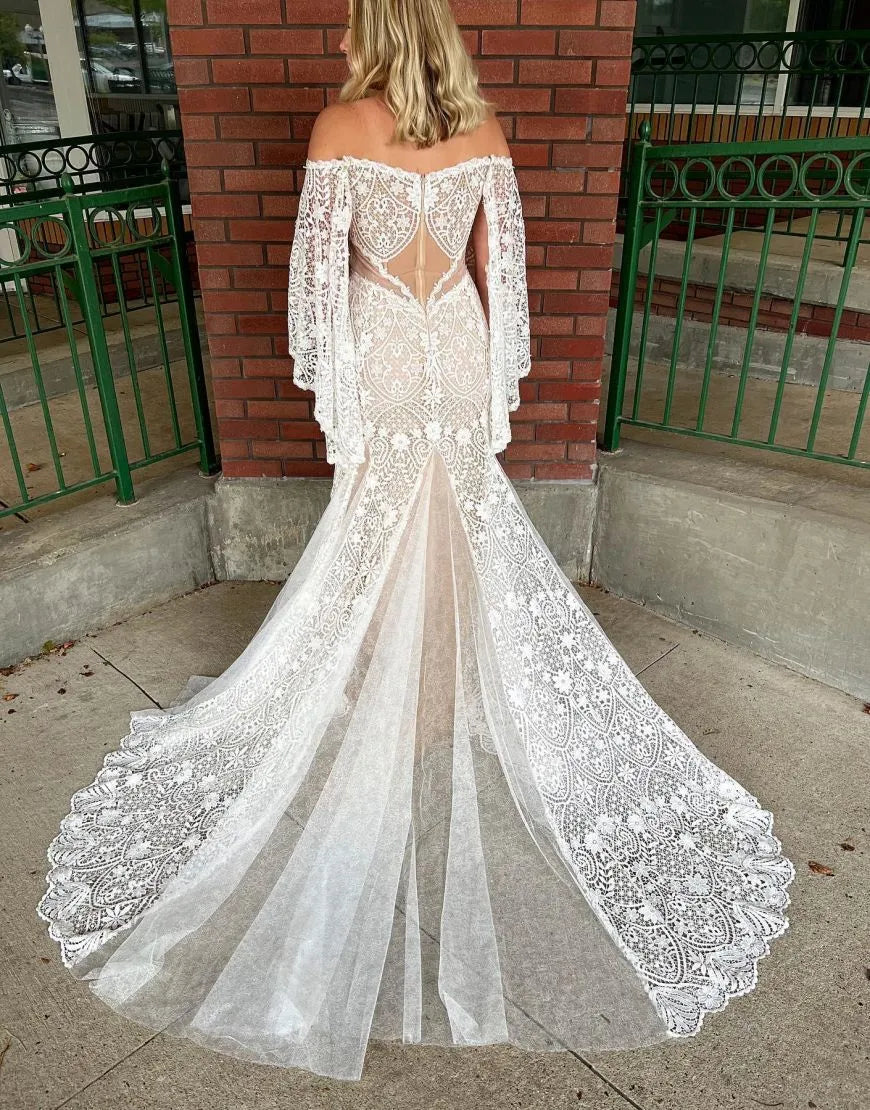 Bohemian Sweet Mermaid Off Shoulder Sleeves Lace Beach Wedding Dress