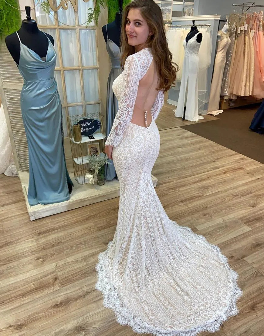 Bohemian mermaid round neck long sleeved sexy backless lace wedding dress