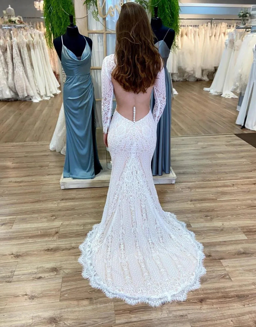 Bohemian mermaid round neck long sleeved sexy backless lace wedding dress