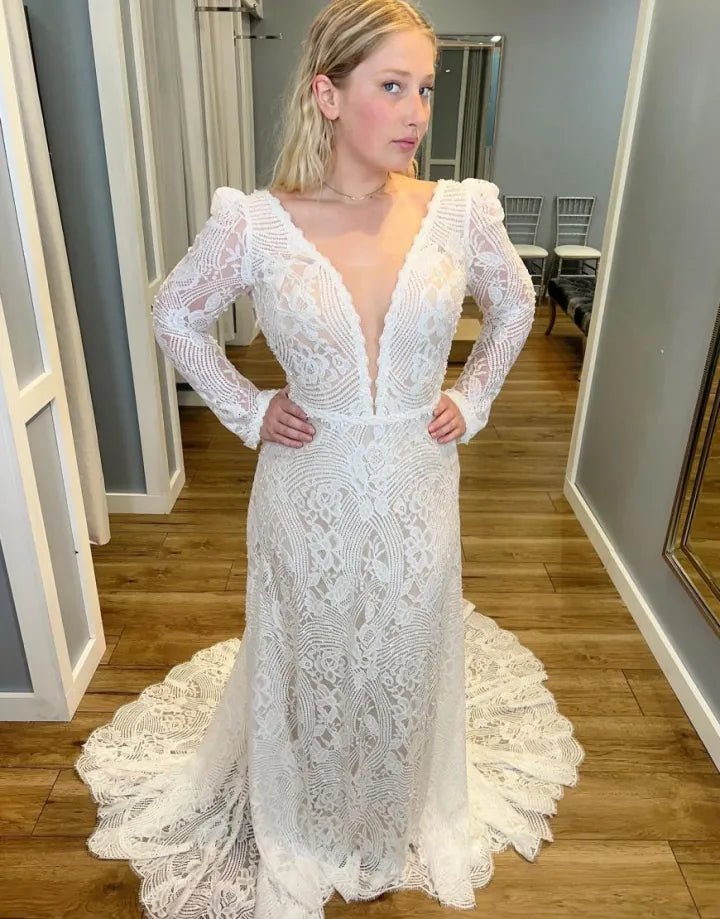 Bohemian sheath sexy and elegant deep V-neck long sleeved lace wedding dress