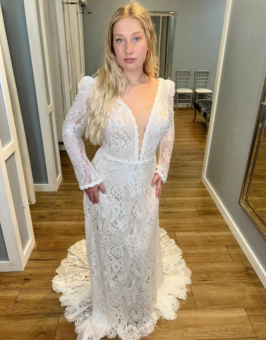Bohemian sheath sexy and elegant deep V-neck long sleeved lace wedding dress