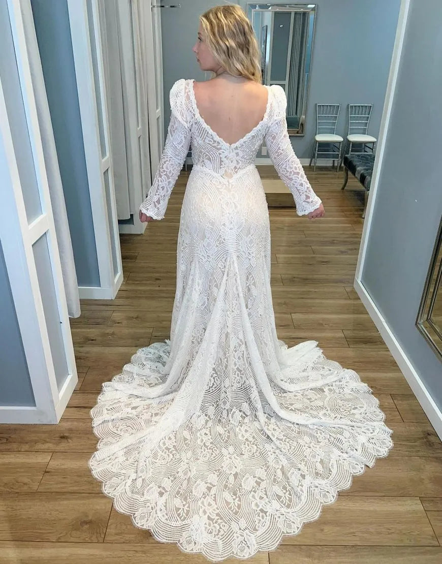 Bohemian sheath sexy and elegant deep V-neck long sleeved lace wedding dress
