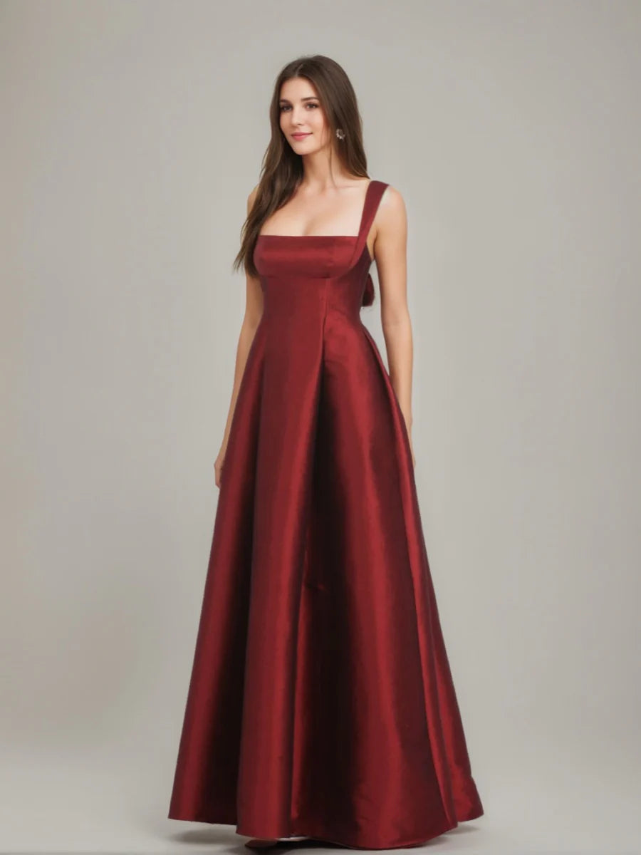 Bold Burgundy Square Neck Wide Strap Open Back Bow Detail A-Line Floor-Length Prom Dresses
